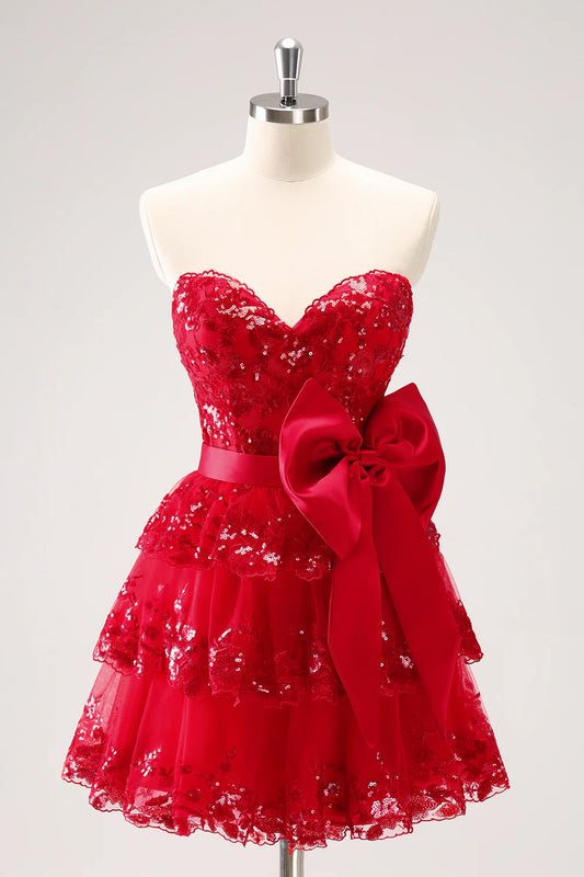 Amzcw Sparkly Red A Line Sweetheart Corset Tiered Ruffle Homecoming Dress with Bows