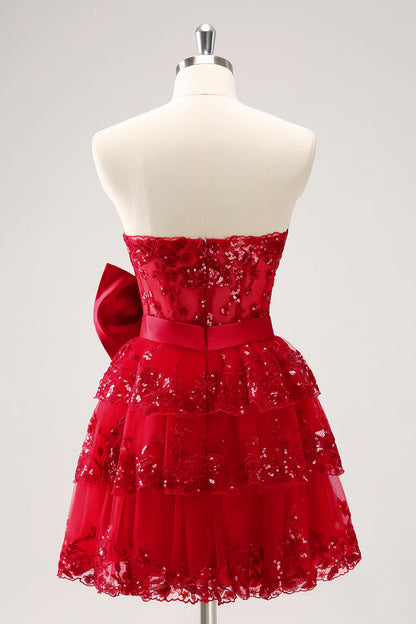 Amzcw Sparkly Red A Line Sweetheart Corset Tiered Ruffle Homecoming Dress with Bows
