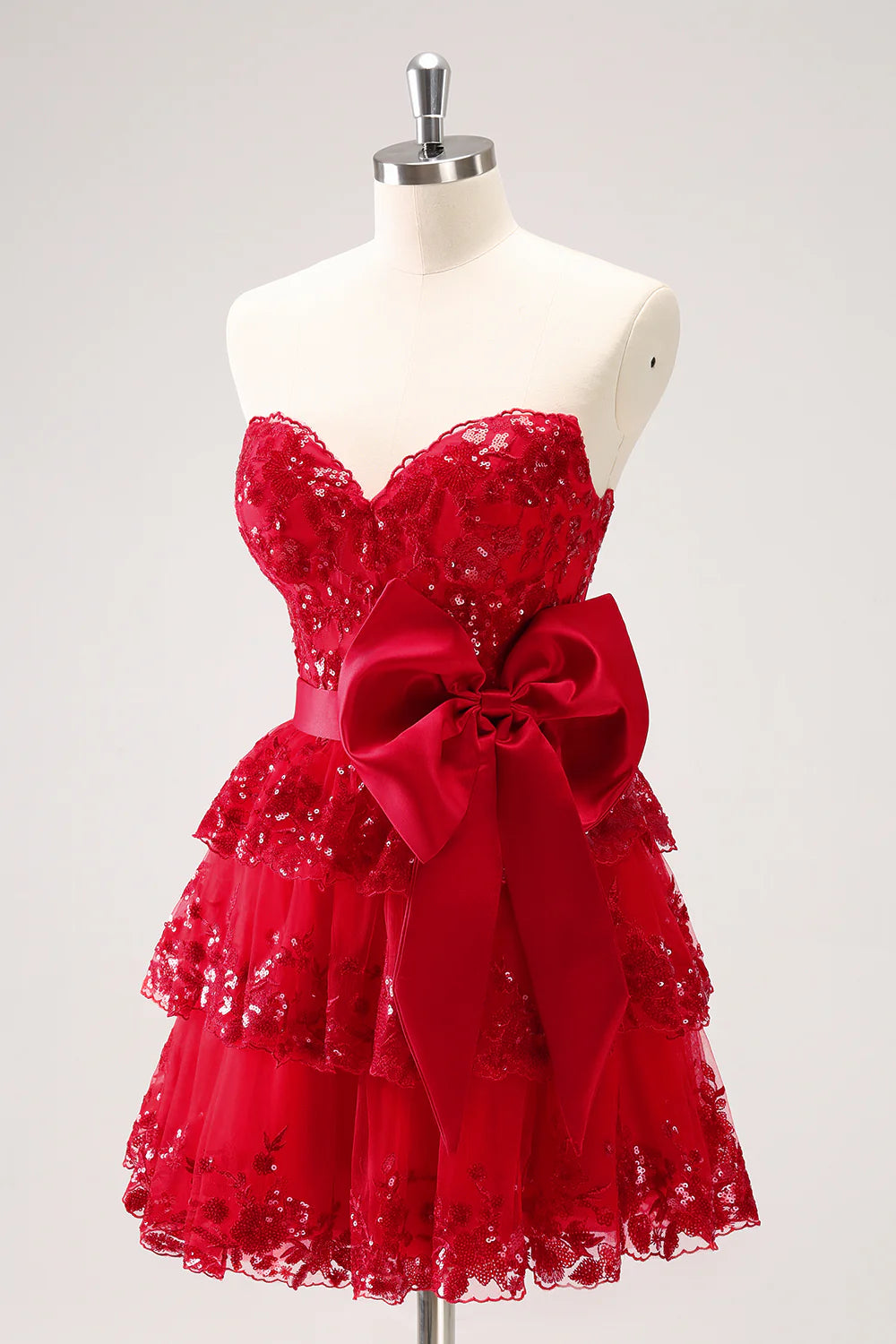 Amzcw Sparkly Red A Line Sweetheart Corset Tiered Ruffle Homecoming Dress with Bows