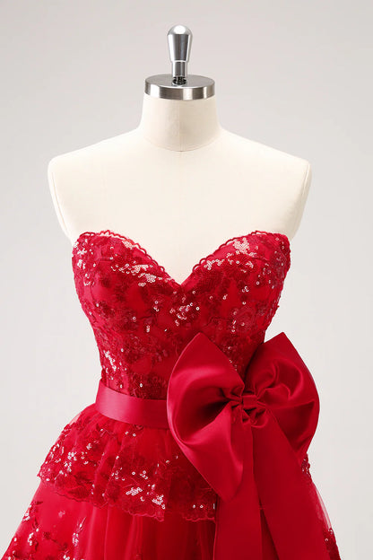 Amzcw Sparkly Red A Line Sweetheart Corset Tiered Ruffle Homecoming Dress with Bows