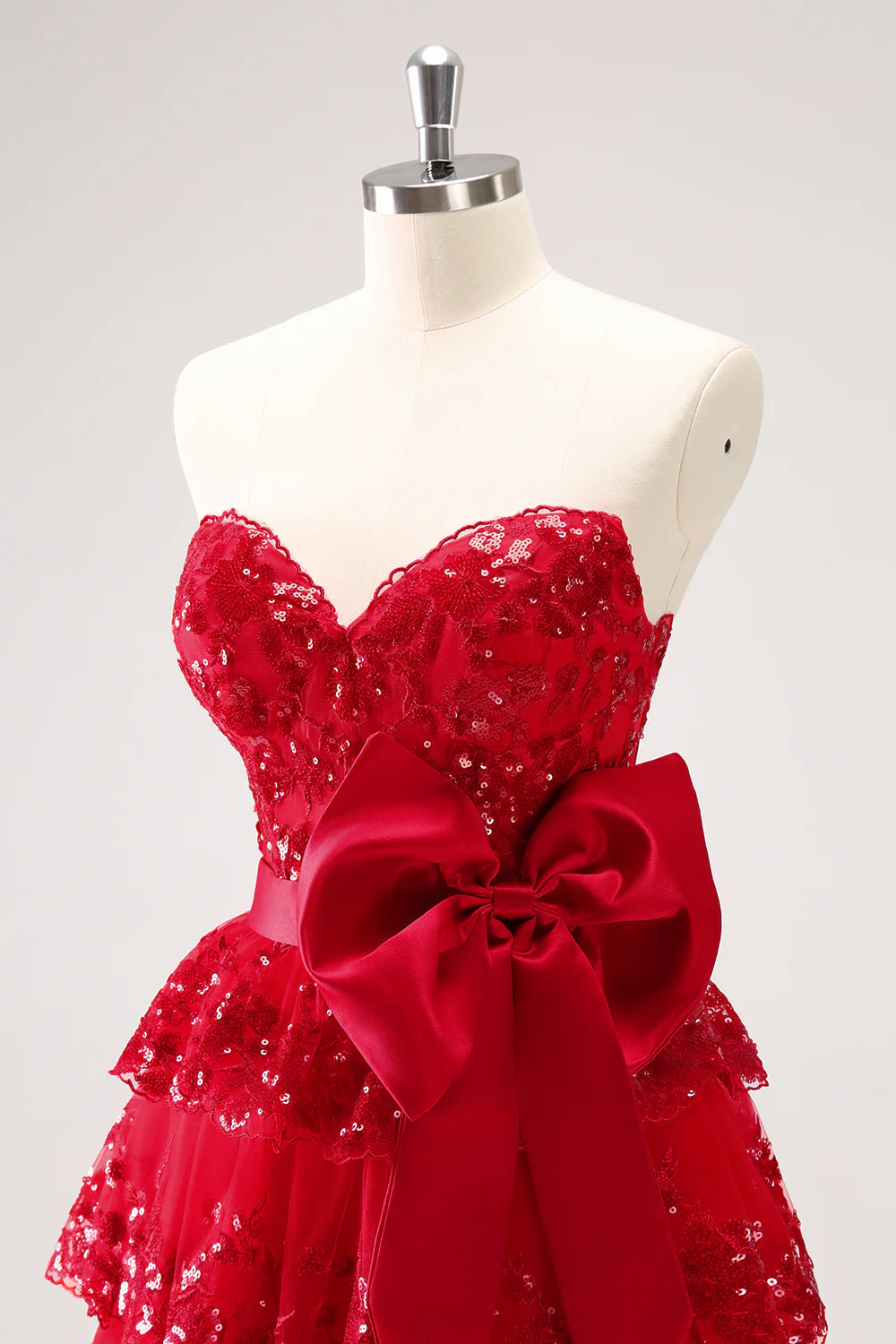 Amzcw Sparkly Red A Line Sweetheart Corset Tiered Ruffle Homecoming Dress with Bows