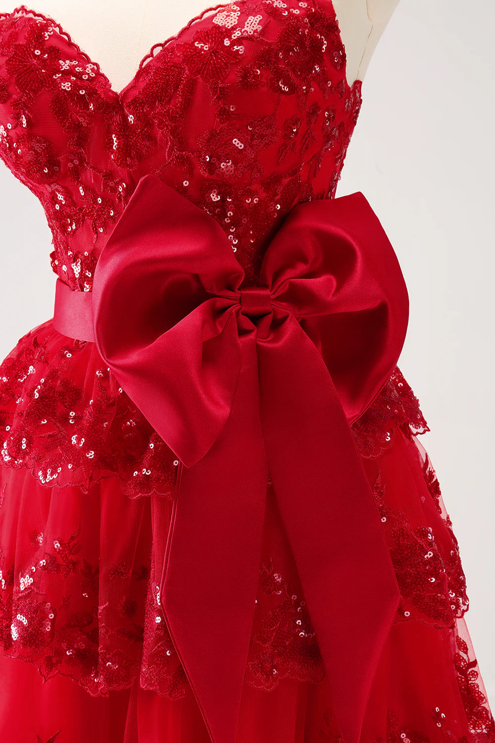 Amzcw Sparkly Red A Line Sweetheart Corset Tiered Ruffle Homecoming Dress with Bows