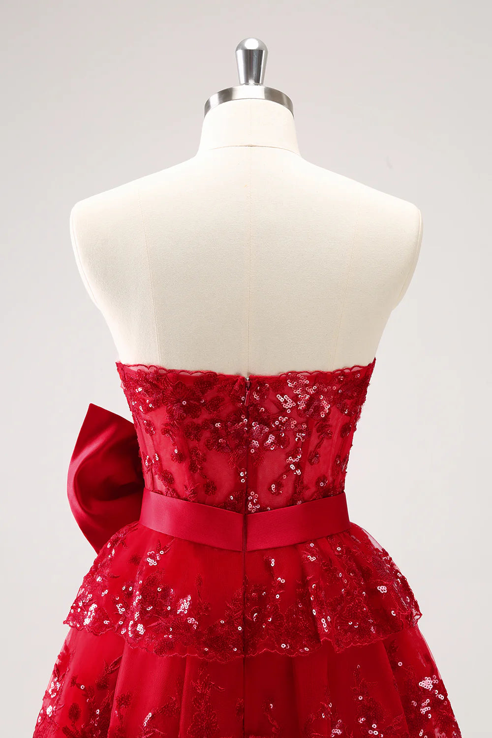 Amzcw Sparkly Red A Line Sweetheart Corset Tiered Ruffle Homecoming Dress with Bows