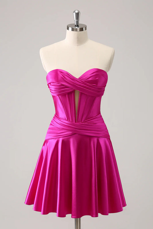 Amzcw Cute Fuchsia A Line Sweetheart Criss Cross Corset Homecoming Dress with Ruffles