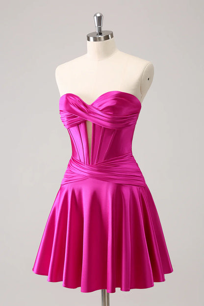 Amzcw Cute Fuchsia A Line Sweetheart Criss Cross Corset Homecoming Dress with Ruffles