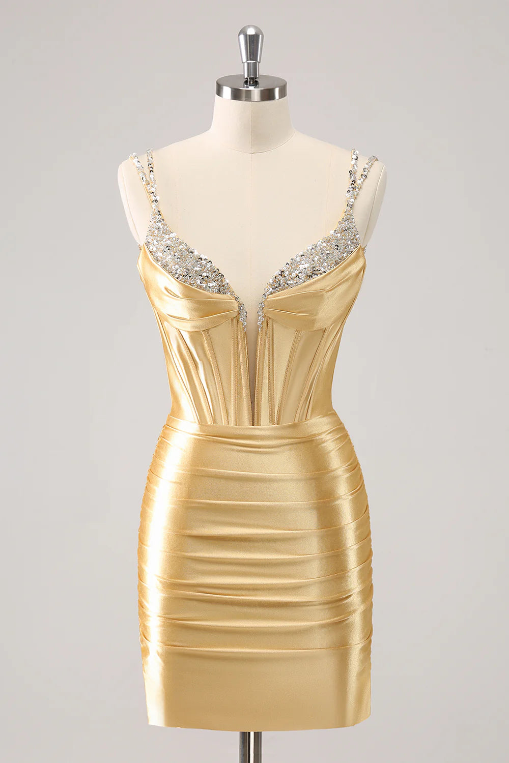 Amzcw Gorgeous Golden Bodycon Corset Short Metallic Homecoming Dress with Sequins