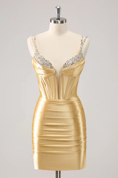 Amzcw Gorgeous Golden Bodycon Corset Short Metallic Homecoming Dress with Sequins