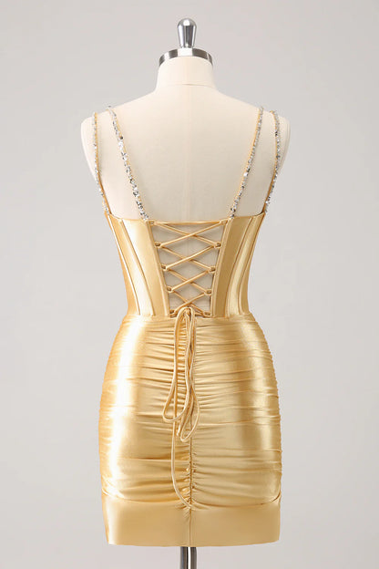Amzcw Gorgeous Golden Bodycon Corset Short Metallic Homecoming Dress with Sequins