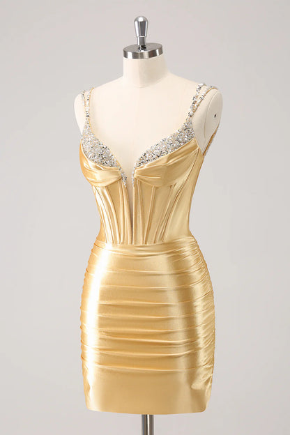 Amzcw Gorgeous Golden Bodycon Corset Short Metallic Homecoming Dress with Sequins