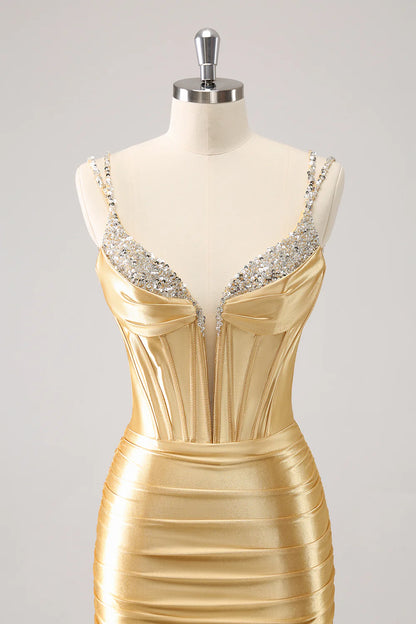 Amzcw Gorgeous Golden Bodycon Corset Short Metallic Homecoming Dress with Sequins