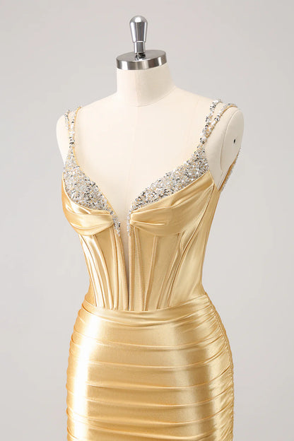 Amzcw Gorgeous Golden Bodycon Corset Short Metallic Homecoming Dress with Sequins