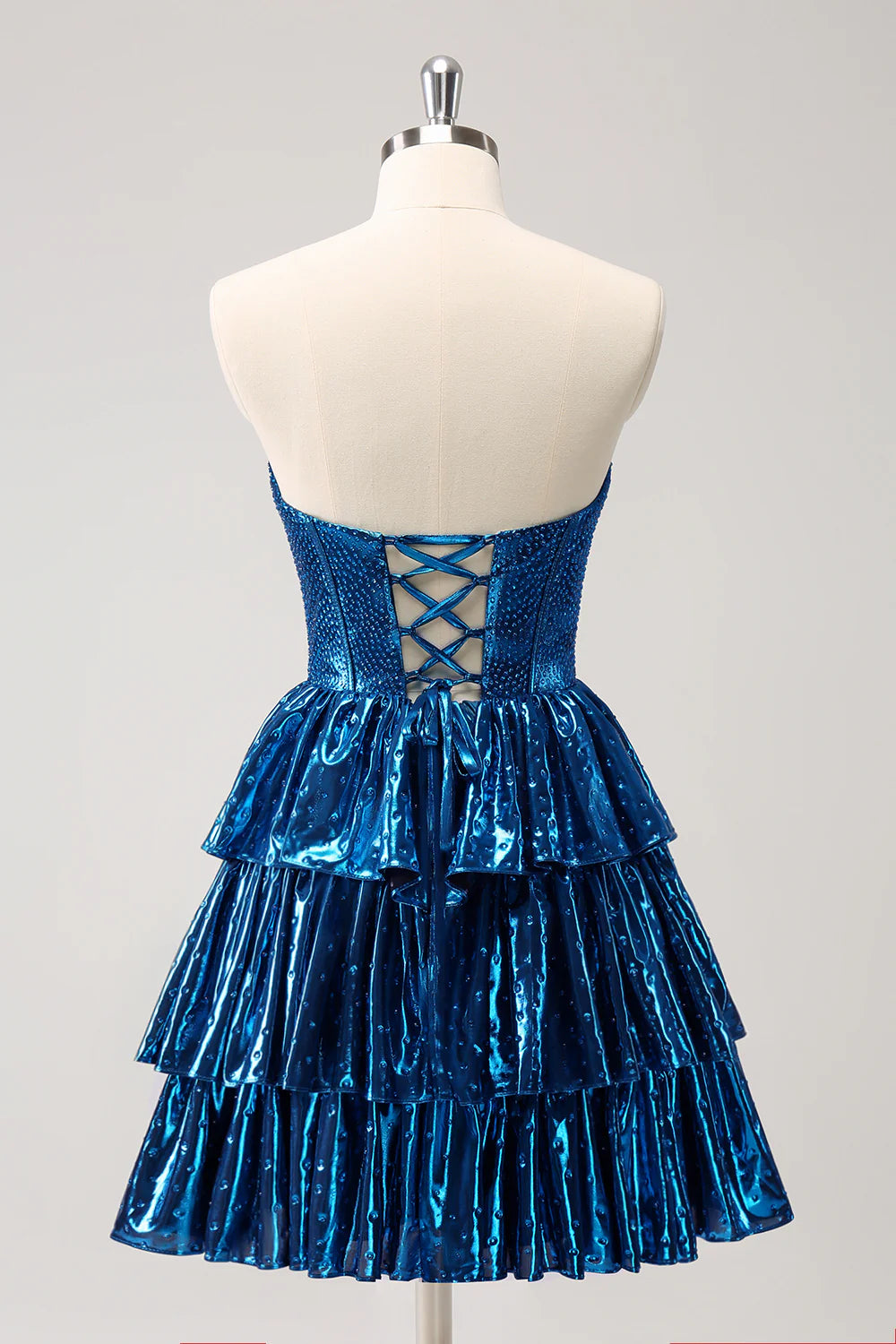 Amzcw Sparkly Peacock Blue A Line Sweetheart Corset Tiered Metallic Homecoming Dress with Lace Up Back