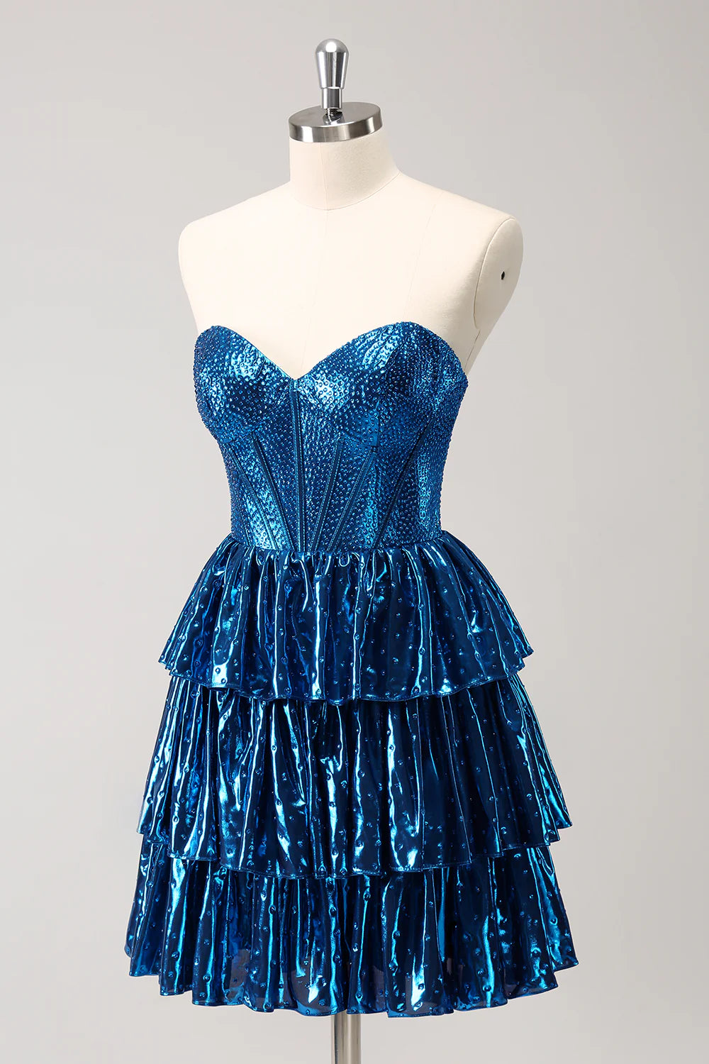 Amzcw Sparkly Peacock Blue A Line Sweetheart Corset Tiered Metallic Homecoming Dress with Lace Up Back