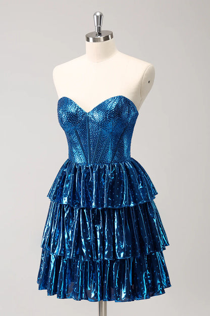 Amzcw Sparkly Peacock Blue A Line Sweetheart Corset Tiered Metallic Homecoming Dress with Lace Up Back