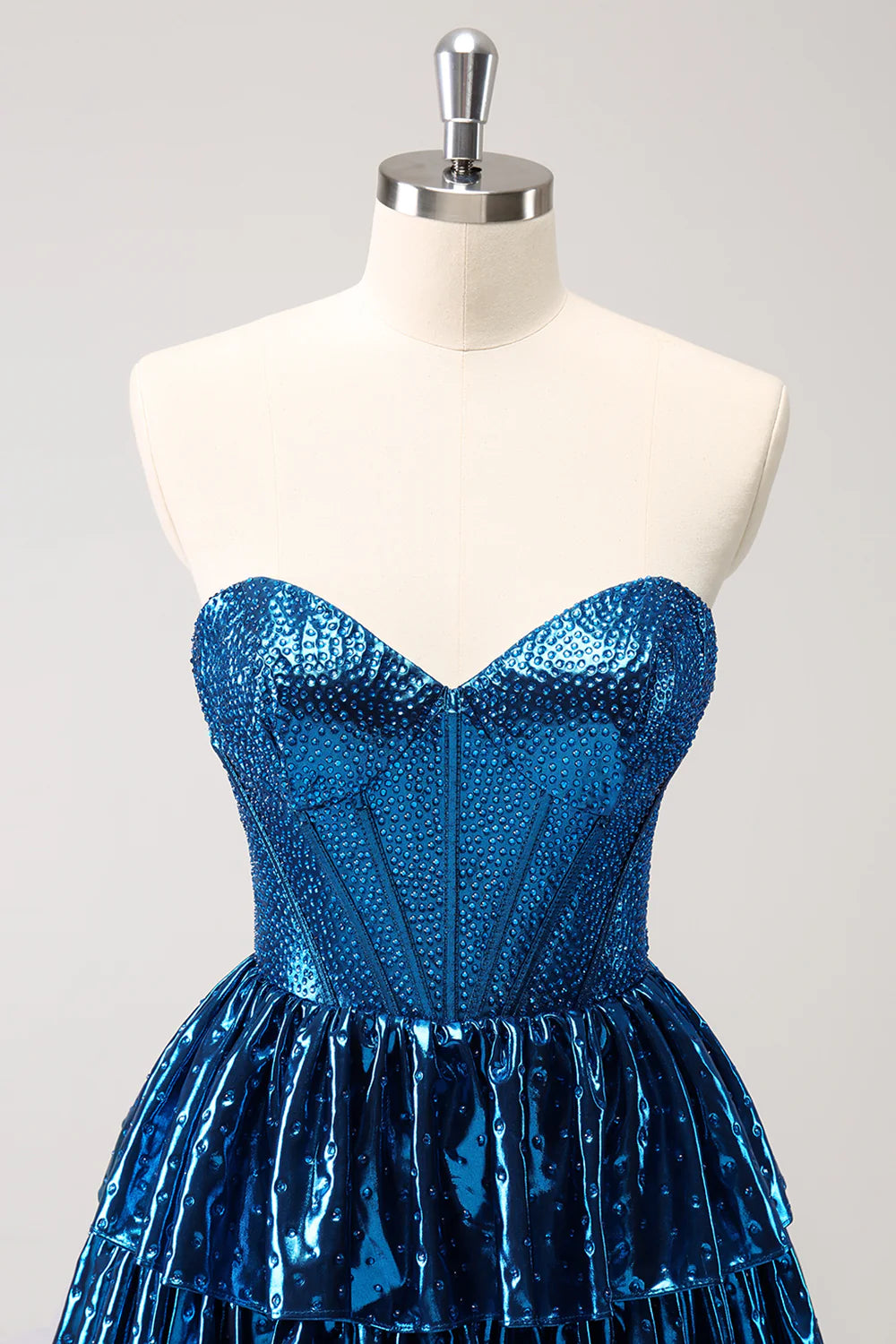 Amzcw Sparkly Peacock Blue A Line Sweetheart Corset Tiered Metallic Homecoming Dress with Lace Up Back