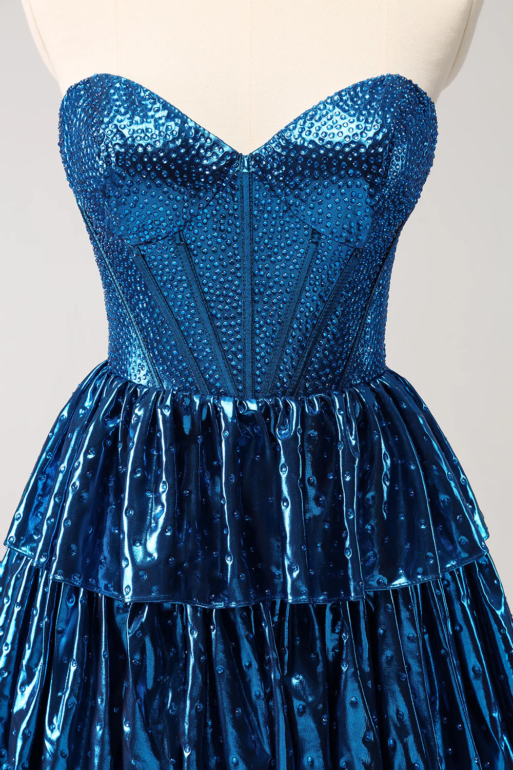 Amzcw Sparkly Peacock Blue A Line Sweetheart Corset Tiered Metallic Homecoming Dress with Lace Up Back