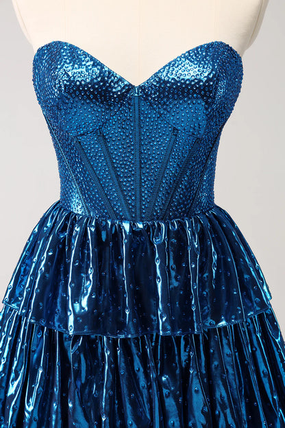 Amzcw Sparkly Peacock Blue A Line Sweetheart Corset Tiered Metallic Homecoming Dress with Lace Up Back