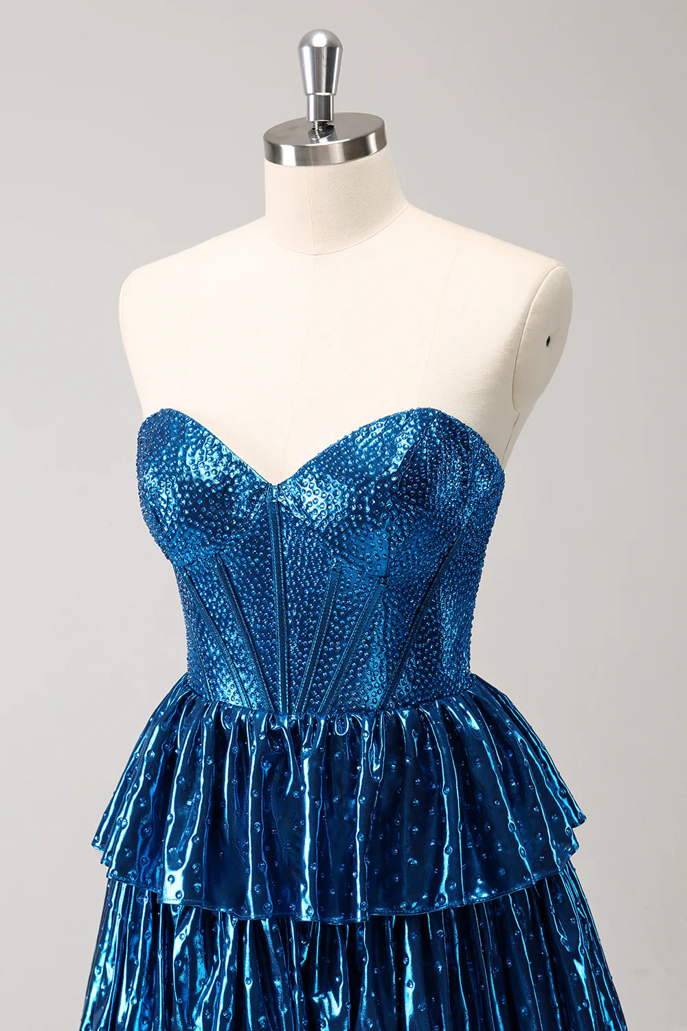 Amzcw Sparkly Peacock Blue A Line Sweetheart Corset Tiered Metallic Homecoming Dress with Lace Up Back