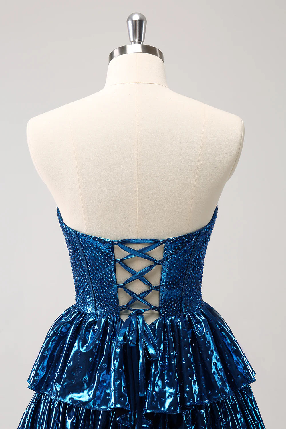 Amzcw Sparkly Peacock Blue A Line Sweetheart Corset Tiered Metallic Homecoming Dress with Lace Up Back