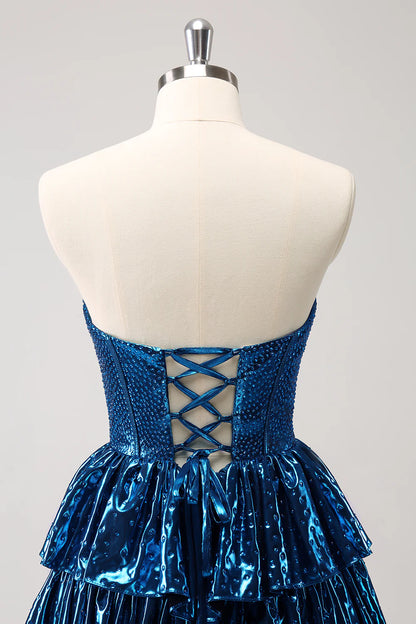 Amzcw Sparkly Peacock Blue A Line Sweetheart Corset Tiered Metallic Homecoming Dress with Lace Up Back
