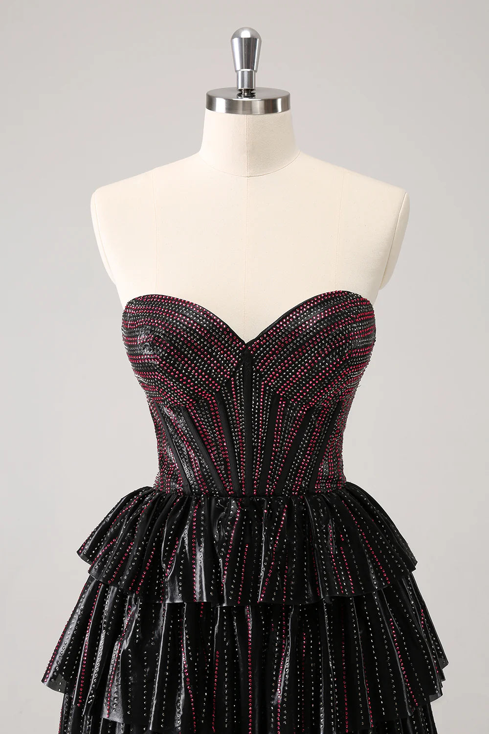 Amzcw Cute Black Pink A Line Sweetheart Corset Metallic Homecoming Dress with Beading