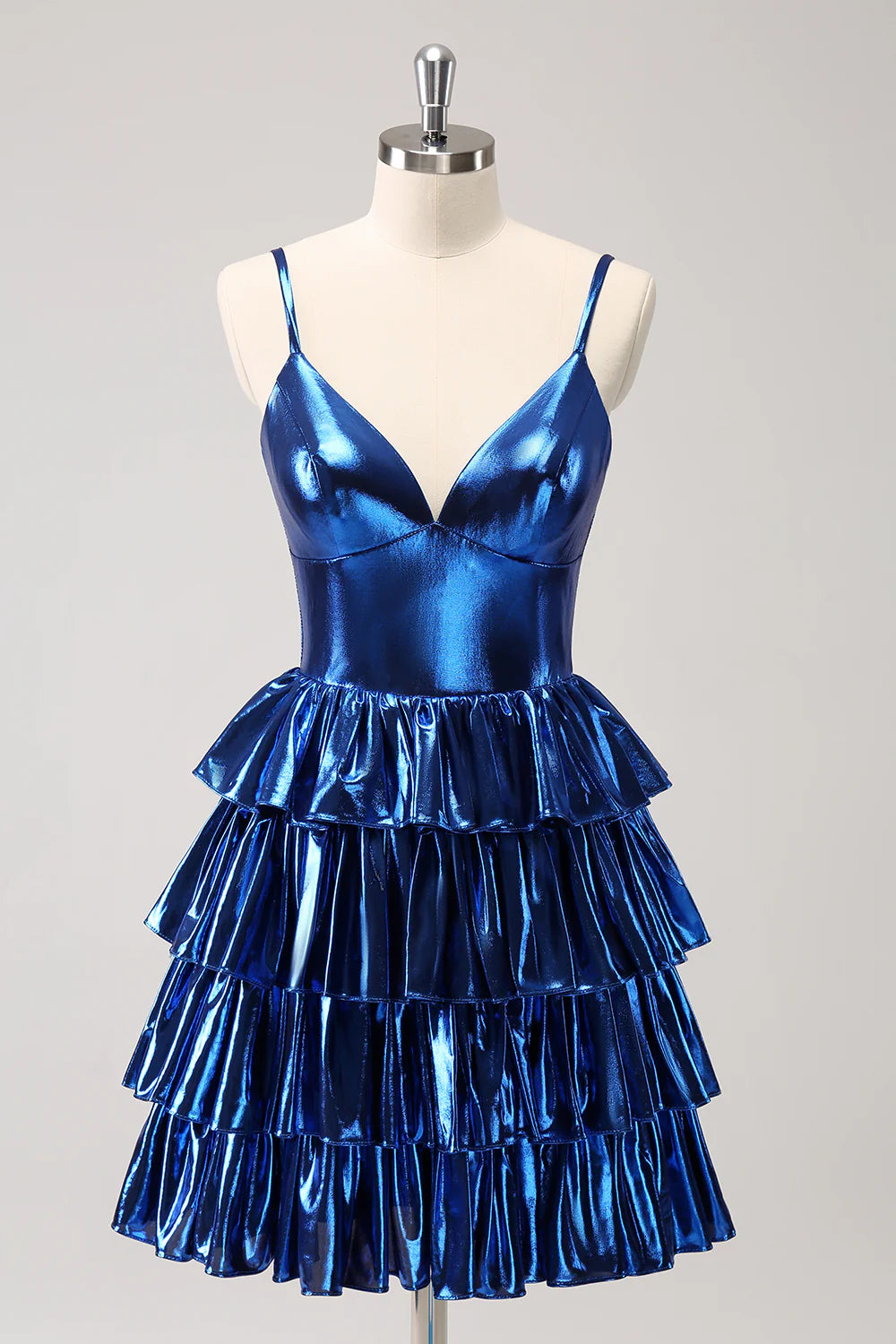 Amzcw Sparkly Ink Blue A Line Corset Tiered Metallic Homecoming Dress with Ruffles