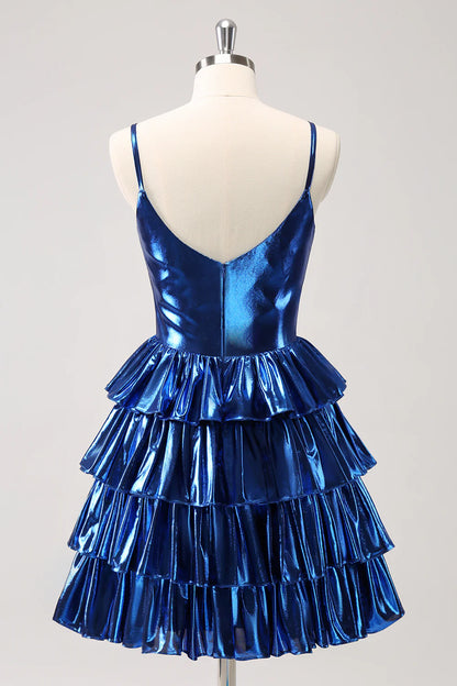Amzcw Sparkly Ink Blue A Line Corset Tiered Metallic Homecoming Dress with Ruffles