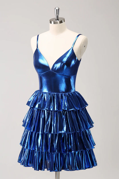 Amzcw Sparkly Ink Blue A Line Corset Tiered Metallic Homecoming Dress with Ruffles