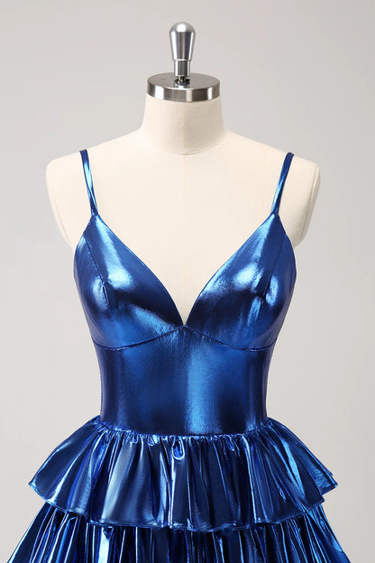 Amzcw Sparkly Ink Blue A Line Corset Tiered Metallic Homecoming Dress with Ruffles