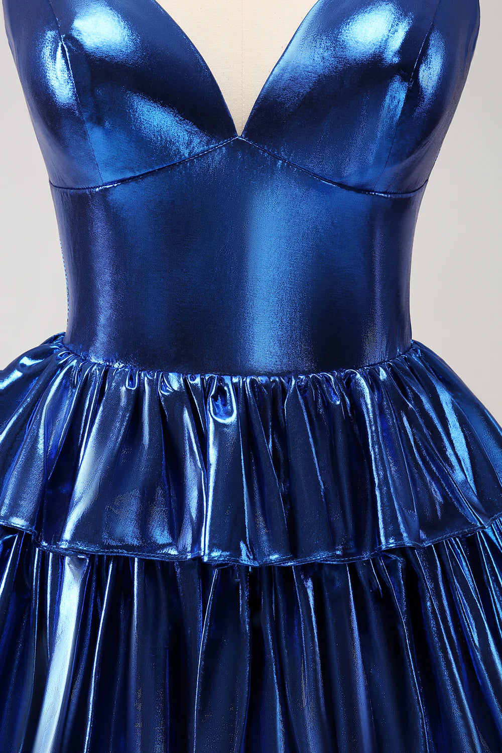 Amzcw Sparkly Ink Blue A Line Corset Tiered Metallic Homecoming Dress with Ruffles