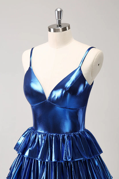 Amzcw Sparkly Ink Blue A Line Corset Tiered Metallic Homecoming Dress with Ruffles