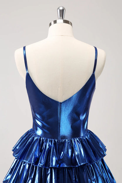 Amzcw Sparkly Ink Blue A Line Corset Tiered Metallic Homecoming Dress with Ruffles