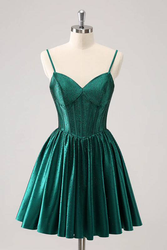 Amzcw Cute Dark Green A Line Spaghetti Straps Ruffle Corset Short Homecoming Dress with Beading