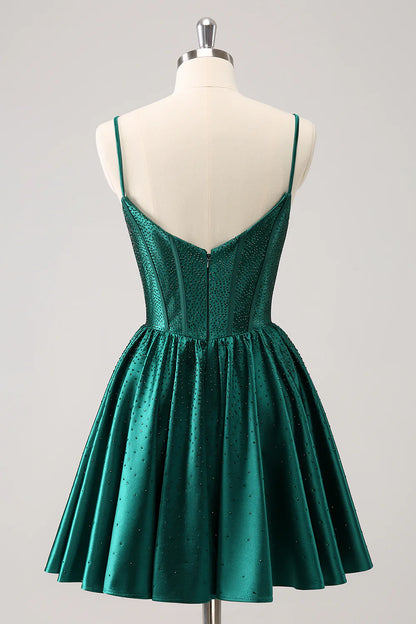 Amzcw Cute Dark Green A Line Spaghetti Straps Ruffle Corset Short Homecoming Dress with Beading