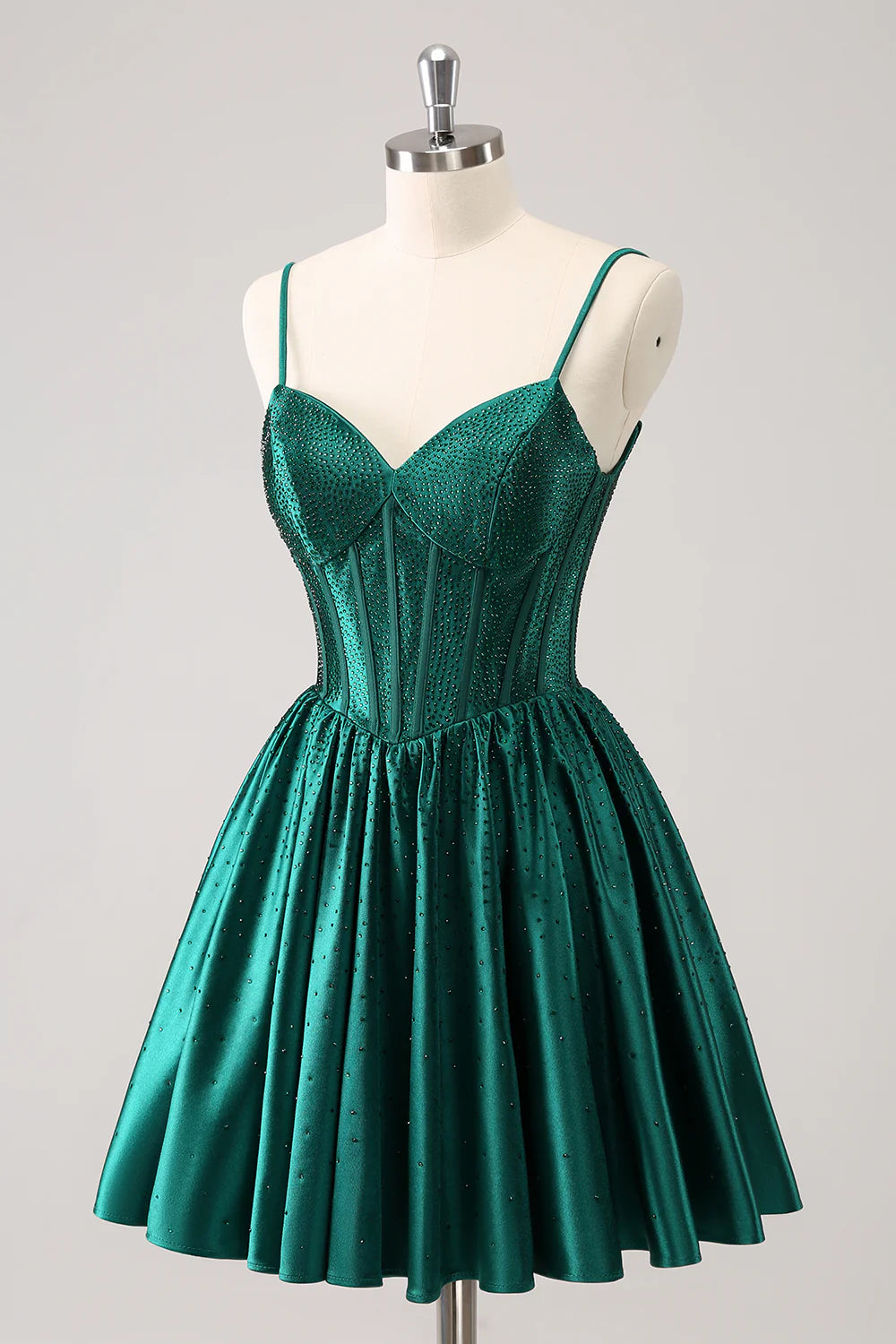 Amzcw Cute Dark Green A Line Spaghetti Straps Ruffle Corset Short Homecoming Dress with Beading
