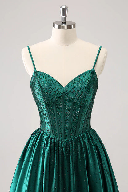 Amzcw Cute Dark Green A Line Spaghetti Straps Ruffle Corset Short Homecoming Dress with Beading