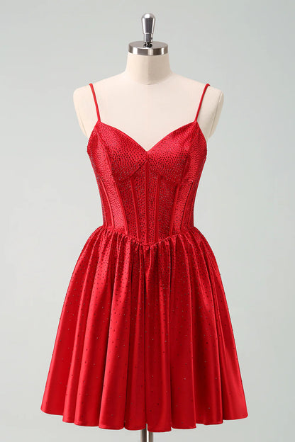 Amzcw Cute Red A Line Spaghetti Straps Ruffle Corset Short Homecoming Dress with Beading