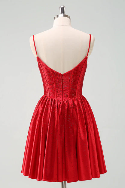 Amzcw Cute Red A Line Spaghetti Straps Ruffle Corset Short Homecoming Dress with Beading