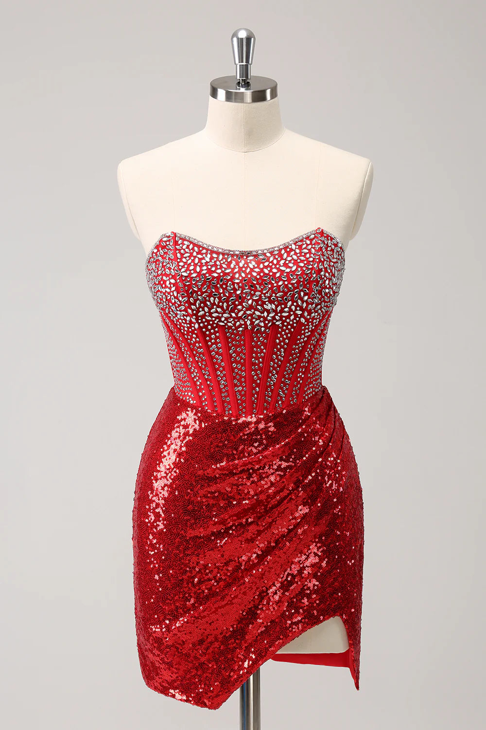 Amzcw Glitter Red Tight Strapless Sequin Corset Slit Short Homecoming Dress with Beading