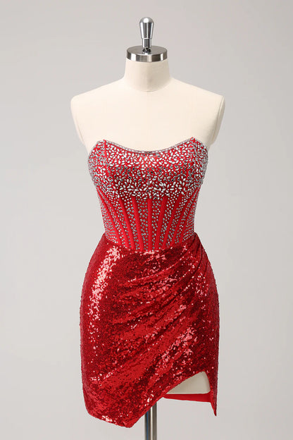 Amzcw Glitter Red Tight Strapless Sequin Corset Slit Short Homecoming Dress with Beading