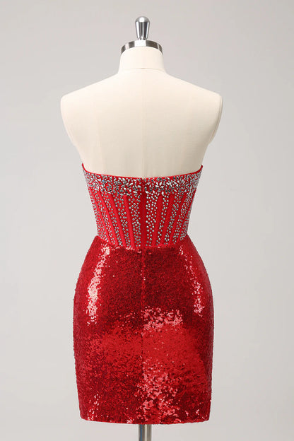 Amzcw Glitter Red Tight Strapless Sequin Corset Slit Short Homecoming Dress with Beading