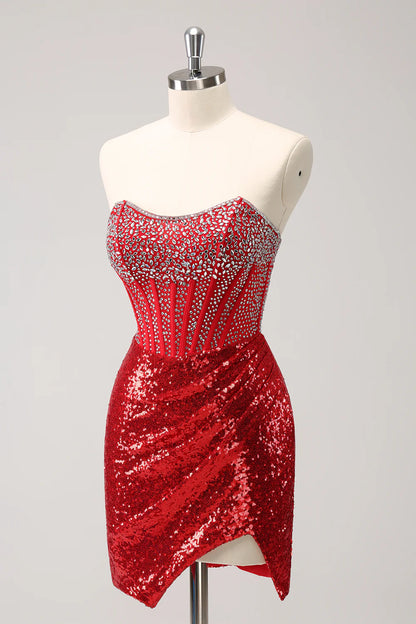 Amzcw Glitter Red Tight Strapless Sequin Corset Slit Short Homecoming Dress with Beading
