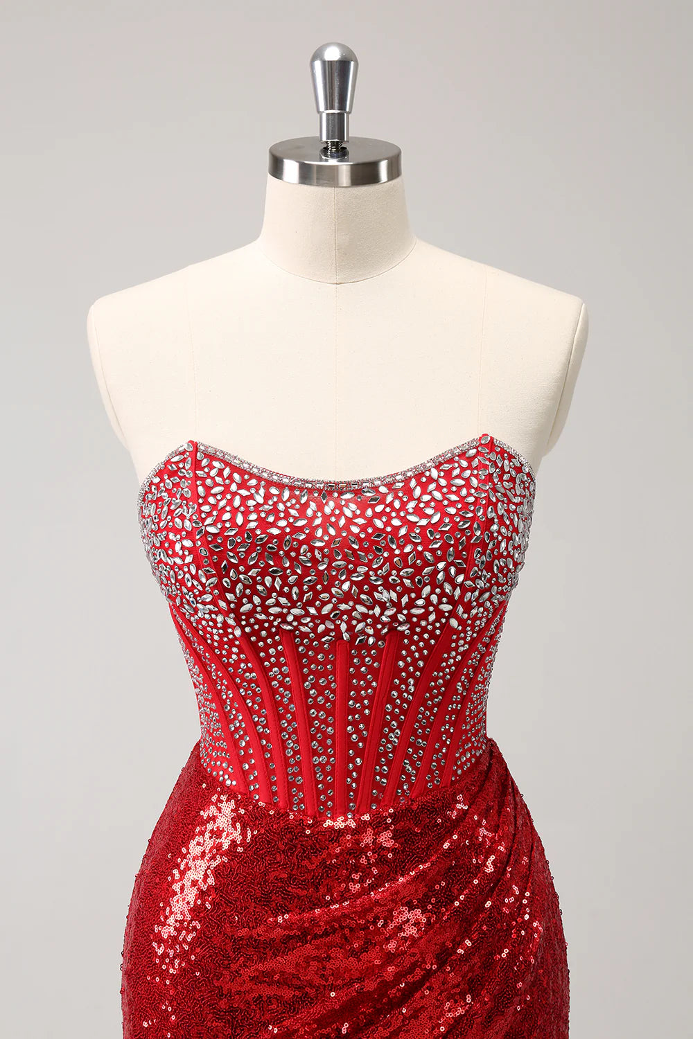 Amzcw Glitter Red Tight Strapless Sequin Corset Slit Short Homecoming Dress with Beading