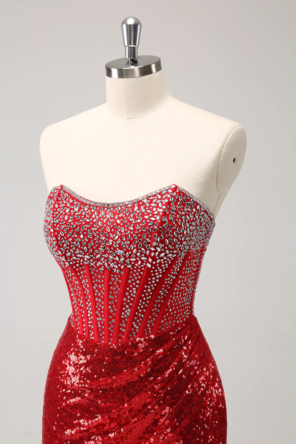Amzcw Glitter Red Tight Strapless Sequin Corset Slit Short Homecoming Dress with Beading