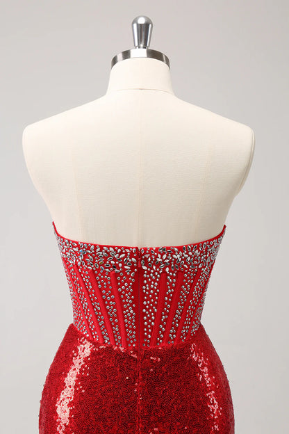 Amzcw Glitter Red Tight Strapless Sequin Corset Slit Short Homecoming Dress with Beading