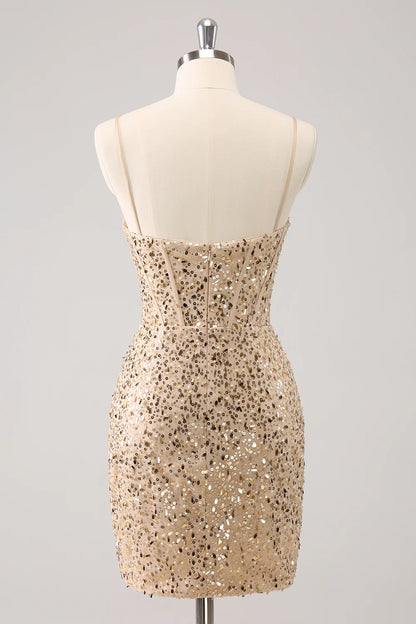 Amzcw Stylish Golden Bodycon Spaghetti Straps Sequin Short Homecoming Dress