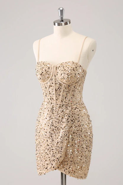 Amzcw Stylish Golden Bodycon Spaghetti Straps Sequin Short Homecoming Dress