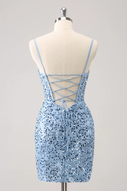 Amzcw Stylish Blue Bodycon Spaghetti Straps Corset Short Homecoming Dress with Sequins