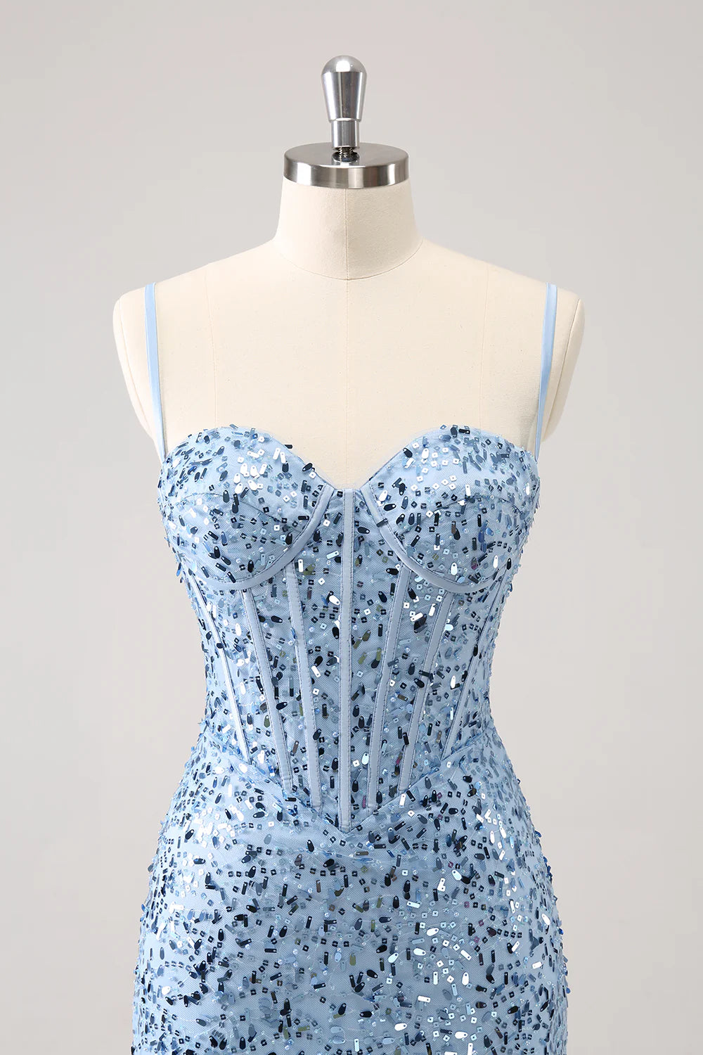 Amzcw Stylish Blue Bodycon Spaghetti Straps Corset Short Homecoming Dress with Sequins