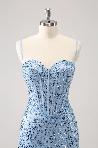 Amzcw Stylish Blue Bodycon Spaghetti Straps Corset Short Homecoming Dress with Sequins
